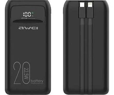AWEI PowerBank P169K 20000mAh 22.5W juodos spalvos display + PD/Lightning cables