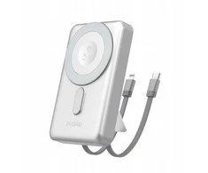 Dudao K29 10000mAh PD 20W „MagSafe“ išorinė baterija su metaliniu dėklu, stovu ir integruotais USB-C / „Lightning“ laidais – sidabro spalvos
