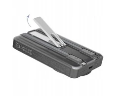 Dudao K29 10000mAh PD 20W „MagSafe“ išorinė baterija su metaliniu dėklu, stovu ir integruotais USB-C / „Lightning“ laidais – pilkos spalvos