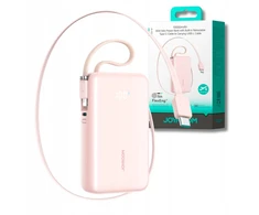 Joyroom JR-PR2L 10000mAh 35W išorinė baterija su integruotu ištraukiamu USB-C laidu ir „Lightning“ laidu ant virvelės - Rožinė