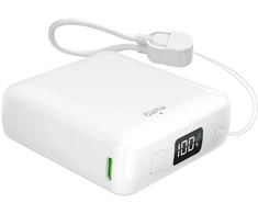 Puro 10000mAh 20W USB-C USB-A išorinė baterija su ekranu ir integruotu USB-C laidu - Baltas