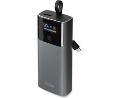 SBS 10000mAh PD 20W išorinė baterija su LCD ekranu ir integruotu USB-C laidu - pilka
