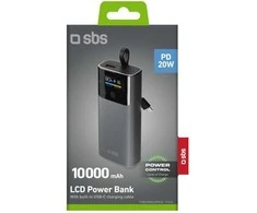 SBS 10000mAh PD 20W išorinė baterija su LCD ekranu ir integruotu USB-C laidu - pilka