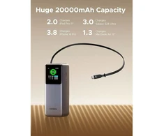 Powerbank 20000mAh Ugreen PB726 USB + USB-C, 165W, įmontuotas kabelis, CCC (pilka)