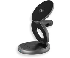 Prestigio „Twist 3-in-1“ belaidė „Qi2“ įkrovimo stotelė, skirta „iPhone“ (15 W), „Apple Watch“ (2,5 W) ir „AirPods“ (5 W), sertifikuota „Qi2“, magnetiniai įkrovimo padėklai su stovo funkcija, sulankstomi, maitinimo adapteris 30 W, USB-C įkrovimo laidas 1 m, kosminės pilkos spalvos