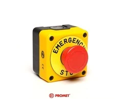 Emas Promet 40mm (1NC) juodai geltona saugiojo lydinio juosta su aprašomąja plokšte "Avarinis sustojimas" - P1EC400E40- K
