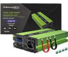 QOLTEC 51942 grynos sinusinės bangos keitiklis, monolitas / akumuliatoriaus įkroviklis / UPS / 1000 W / 2000 W / 12 V iki 230 V / LCD