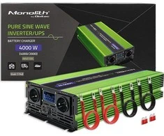 QOLTEC 51943 grynos sinusinės bangos keitiklis, monolitas / akumuliatoriaus įkroviklis / UPS / 4000 W / 2000 W / 12 V iki 230 V / LCD