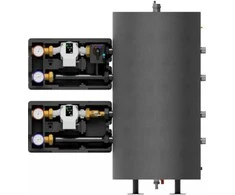 Purmo MIX-BOX 3 komplektas su „Grundfos UPM3S Auto 15-60“ siurbliais, dviem SMT 83 grupėmis su pavaromis, CX 2F skirstytuvu ir P2 sienine spintele