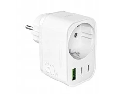 Puro 30 W maitinimo įkroviklis su Schuko kištuku ir lizdu, 2x USB-C + 1x USB-A - Baltas