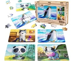 PuzzleOK medinė dėlionė 4 viename gyvūnai galvosūkių rinkinys karvė šunų panda pingvinas
