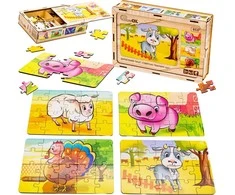 PuzzleOK medinė dėlionė 4 viename ūkinių gyvūnų galvosūkių rinkinys Farm