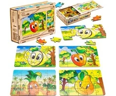 PuzzleOK medinė dėlionė 4 viename vaisių dėlionių rinkinys ananasų kriaušių citrinų obuolių