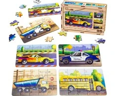 PuzzleOK medinis galvosūkis 4in1 transporto priemonių dėlionės rinkinys Transporto automobiliai