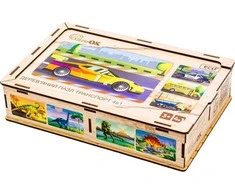 PuzzleOK medinis galvosūkis 4in1 transporto priemonių dėlionės rinkinys Transporto automobiliai