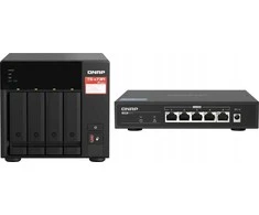 Serveris QNAP TS-473A + QSW-1105-5T Bundle Pack NAS Tower Ryzen Embedded V1500B 8 GB DDR4 0 TB QNAP Turbo System Juodas