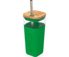 Quokka Liquid Cube - stiklinis puodelis 540 ml su nerūdijančio plieno šiaudeliais (žalias)