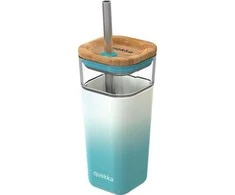 „Quokka“ skystas kubas – stiklinis šiaudų puodelis su silikoniniu dangteliu 540 ml (mėlynos spalvos gradientas)