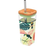 Quokka Liquid Cube - Stiklinis puodelis 540 ml su nerūdijančio plieno šiaudeliais (Tropical Toucans).