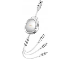 REMAX Drip Series 15W ištraukiamas 3-in-1 greitojo įkrovimo kabelis RC-C018 (USB to iPhone, Type C, Micro): Spalva - Sidabrinė