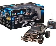 Revell Control RC Car - nuotoliniu būdu valdomas automobilis su 27 MHz nuotolinio valdymo pultu, stabili konstrukcija, dideli ratai, užtikrinantys gerą mobilumą bekelėje, LED apšvietimas, maitinamas akumuliatoriumi - BULL SCOUT 24629 bagis