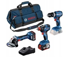 „Rinkinys įrankių Bosch Bosch“ profesionalus 18 V rinkinys: GSB 18V-45 + GDX 18V-200 + GWS 18V-7, įrankių rinkinys (mėlynas, 2 x ličio jonų akumuliatoriai 5,0 Ah, įrankių krepšys)