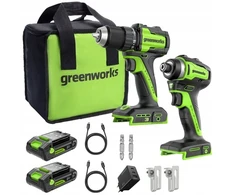Greenworks 24V CK321 elektrinių įrankių rinkinys: suktuvas, veržliasukis, įkroviklis, 2x 2Ah akumuliatoriai, dėklas