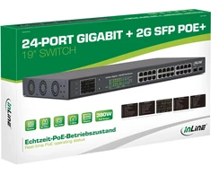 Šakotuvas Įmontuojamas komutatorius „InLine PoE+“ gigabito tinklo komutatorius, 24 prievadų, 1 GBit/s, 2x SFP, 48,26 cm (19 colių), montuojamas, metalinis, su ekranu, 420 W