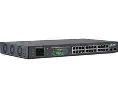 Šakotuvas Įmontuojamas komutatorius „InLine PoE+“ gigabito tinklo komutatorius, 24 prievadų, 1 GBit/s, 2x SFP, 48,26 cm (19 colių), montuojamas, metalinis, su ekranu, 420 W