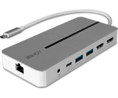 USB-C Dokavimo Stotis - LINDY DST-Mx Duo, USB-C Nešiojamojo Kompiuterio/MacBook Mini Dokų Stotis, PD 3.0 100W, USB 3.2 Gen 1, Gigabit Ethernet, Audio, Baltas