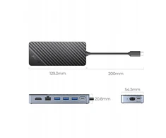 Orico 8w1 USB-C su obudową M.2 NVMe/SATA, USB-A/C 10Gbps, HDMI 4K, PD 100W, RJ45