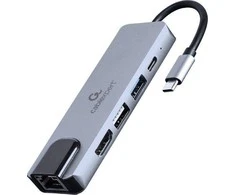 GEMBIRD A-CM-COMBO5-04 kelių prievadų adapteris C tipo USB 5in1 šakotuvas + HDMI + PD + LAN