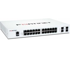 Fortinet FortiSwitch-124F Layer 2 FortiGate switch controller compatible switch with 24x 1G RJ45 and 4x 10G/1G SFP+/SFP jungtys and 1x RJ45 console port. Fanless.