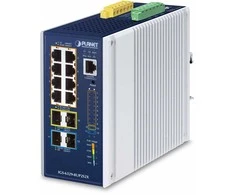 Šakotuvas Komutatorius Planet IP30 DIN bėgelio pramoninis L3 valdomas gigabito Ethernet (10/100/1000) PoE palaikymas mėlyna, pilka