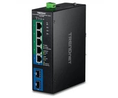 Šakotuvas Switch TRENDnet 7-portowy pramoninis przełącznik Gigabit L2 su obsługą PoE+, montowany na szynie DIN, 2457 V TI-PG743Bi