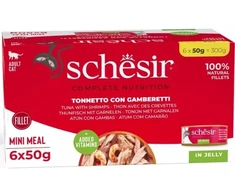 Schesir C&amp;B šlapias kačių ėdalas, tunas su krevetėmis drebučiuose, 6 x 50 g, kelių pakuočių skardinė