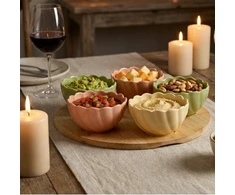 Secret De Gourmet Bamboo Užkandžių dubenėliai su gėlėmis ant bambukinio padėklo, 5 dubenėliai + lenta.