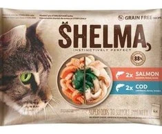 Kačių Maistas - SHELMA Lašiša ir Menkė padaže Drėgnas Kačių Maistas 4x85g