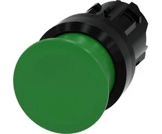 Siemens Grybų mygtukas 22 mm apvalus plastikinis žalias 30 mm su spyruokliniu grąžinimu 3SU1000-1AD40-0AA0