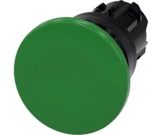 Siemens Grybų mygtukas 22 mm apvalus plastikinis žalias 40 mm su spyruokliniu grąžinimu 3SU1000-1BD40-0AA0