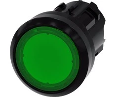 Siemens Apšviestas mygtukas 22 mm apvalus plastikinis žalias plokščias su spyruokliniu grąžinimu 3SU1001-0AB40-0AA0