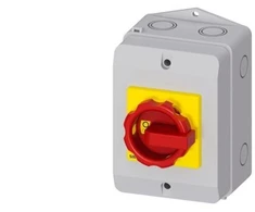 Siemens Pagrindinis/avarinis jungiklis korpuse 3P 16A 7,5kW AC23A 400V pagalbiniai kontaktai 1Z 1R geltona ir raudona rankenėlė 3LD2064-1GP53