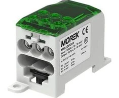 Morek Simet CU paskirstymo blokas 1-potencialas, 200 A (Cu) 160A (AL) / 70mm2/ TS 35/ įėjimas 1x10-70 išėjimas: 6x2,5-16 mm2 žalias MAB12