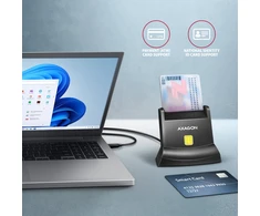 „Axagon CRE-SM4NC“ USB-C išmaniųjų kortelių skaitytuvas. Universalus stalinis USB kontaktinis išmaniųjų ID kortelių skaitytuvas su ilgu USB-C laidu.