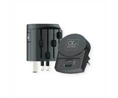 „Skross Alpha“ su europietišku USB įkrovikliu. Universalus kintamosios srovės adapteris, skirtas visam pasauliui.