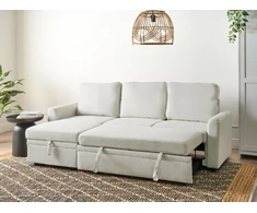 Beliani Išskleidžiama 3 vietų kampinė sofa NASSJO sintetinis linas šviesiai smėlio spalvos dešininė