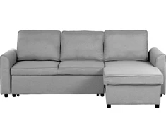 Beliani Išskleidžiama 3 vietų kampinė sofa NESNA, šviesiai pilka, su patalynės dėže, kairinė