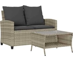 Dvivietė sodo sofa su pagalvėlėmis ir staliuku, šviesiai pilka
