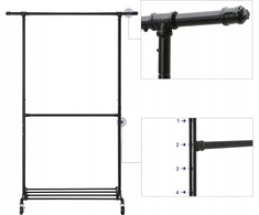 SONGMICS metalinis drabužių stovas su dviem reguliuojamais strypais, iki 110 kg, juodas, HSR62BK