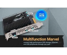 „Sonnet McFiver PCIe“ plokštė – daugiafunkcinė adapterio plokštė su dviem M.2 NVMe SSD lizdais, 10 Gb/s eterneto ryšiu ir dviem 10 Gb/s USB-C prievadais.